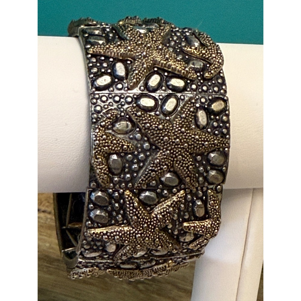 Wide Starfish Stretch Bracelet Coastal Beach Pewter Brass Statement Mermaidcore - Picture 4 of 10